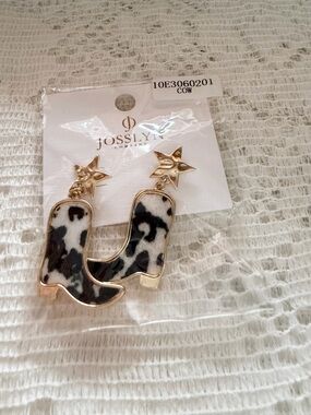 Josslyn Cow Print Cowboy Boot Earrings - Black & White